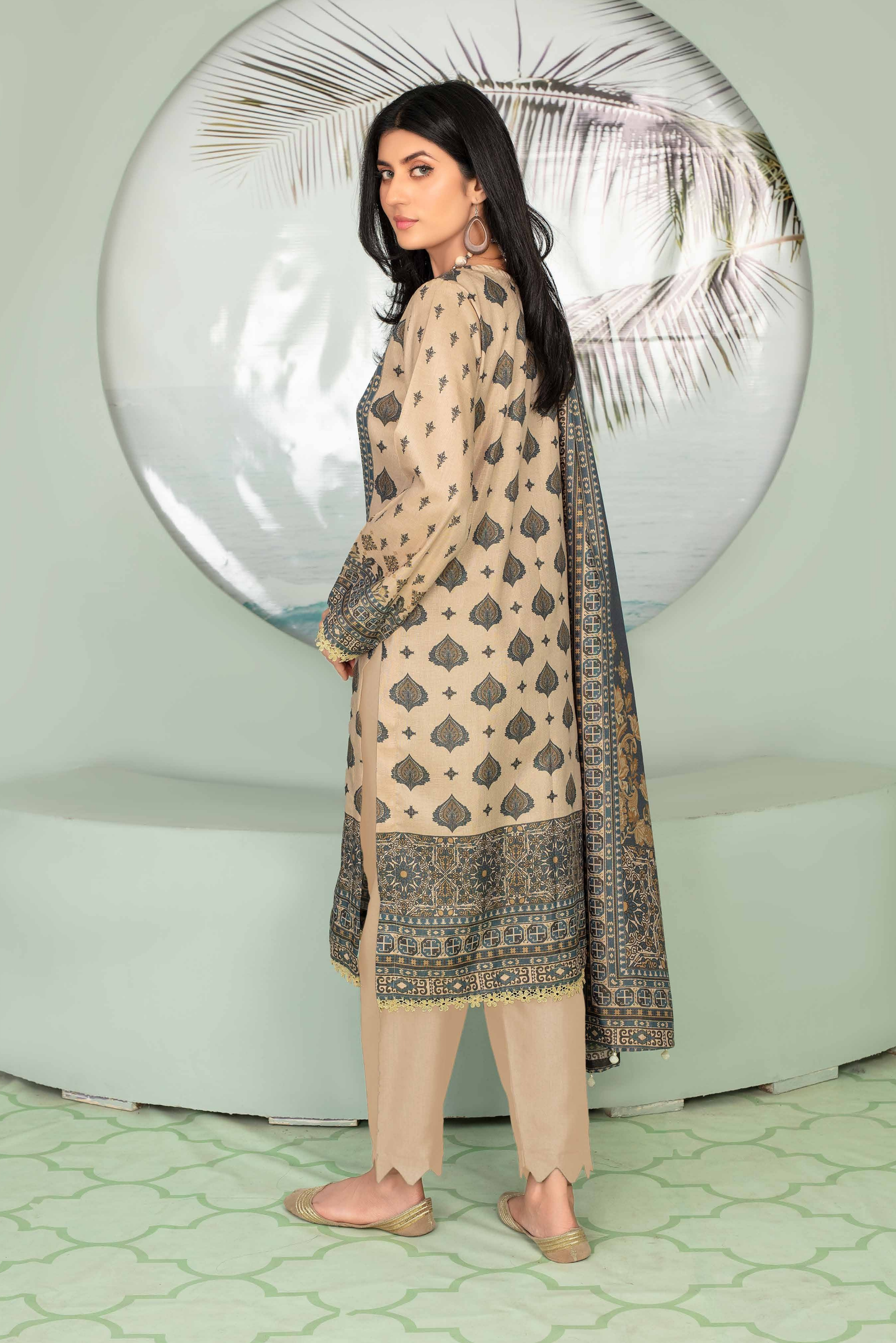 3 Pieces - Aizal Unstitched Skin Printed Shamray Linen Suit