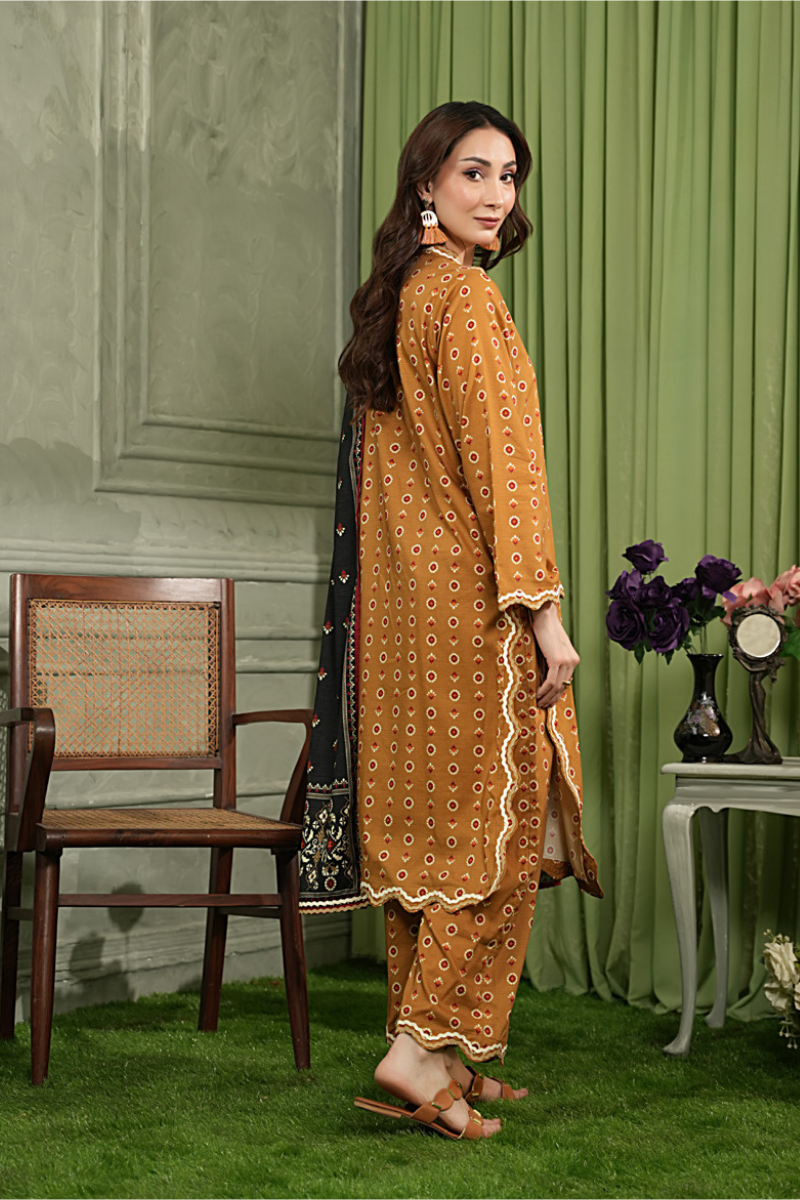 3 Pieces - Regalia Unstitched Mustard Printed Linen Suit