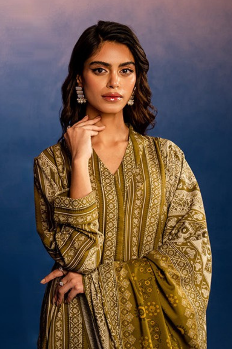 3 Pieces - Nishat Unstitched Mehndi Printed Linen Suit