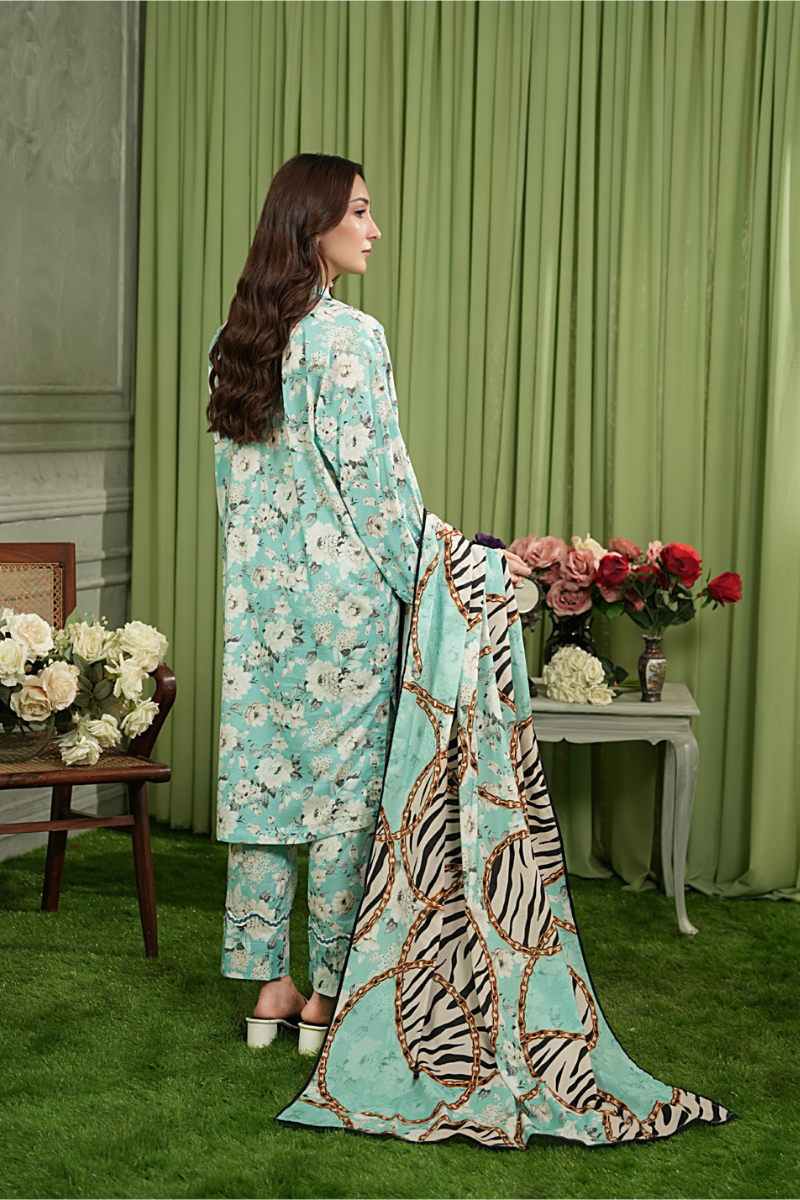 3 Pieces - Regalia Unstitched Sky Blue Printed Linen Suit