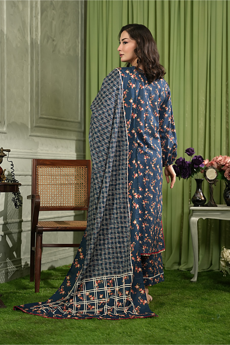 3 Pieces - Regalia Unstitched Blue Printed Linen Suit