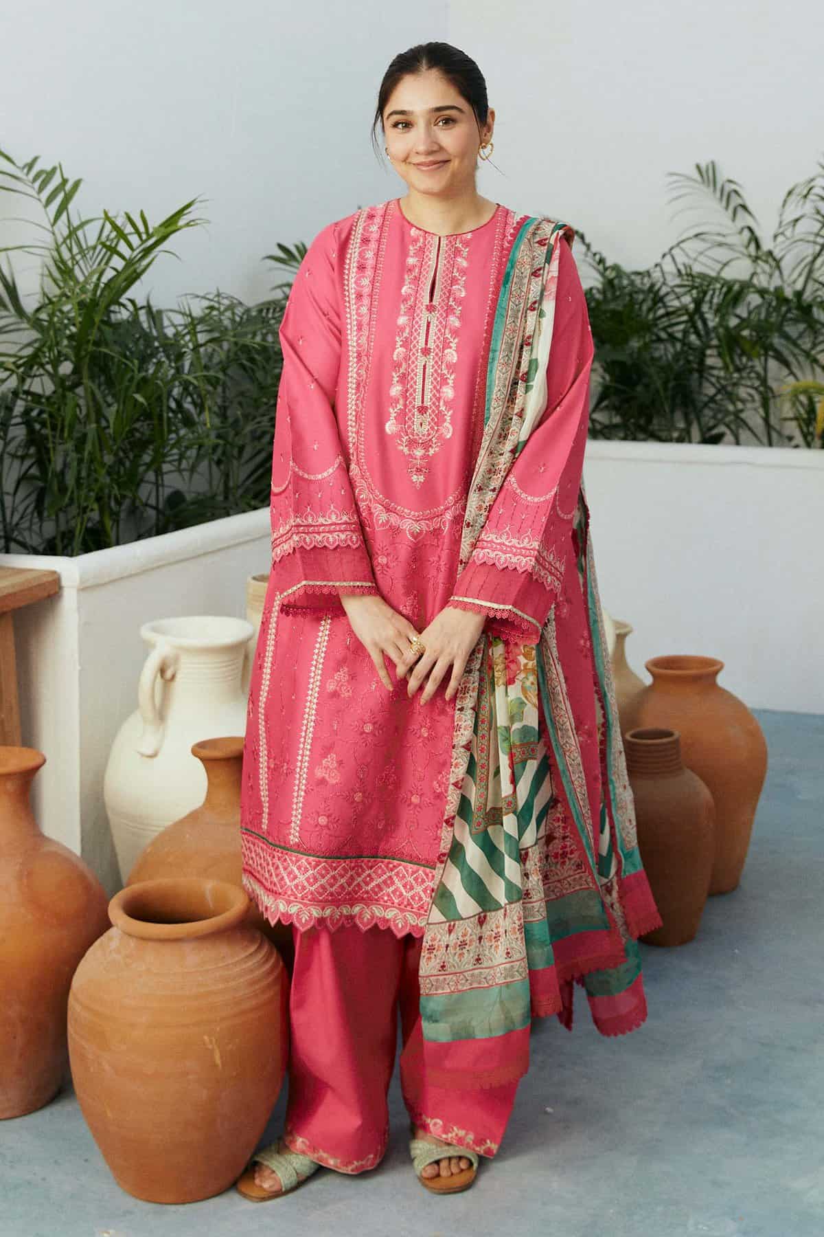 Zara shahjahan on emb Lawn with diamond printed Dopatta