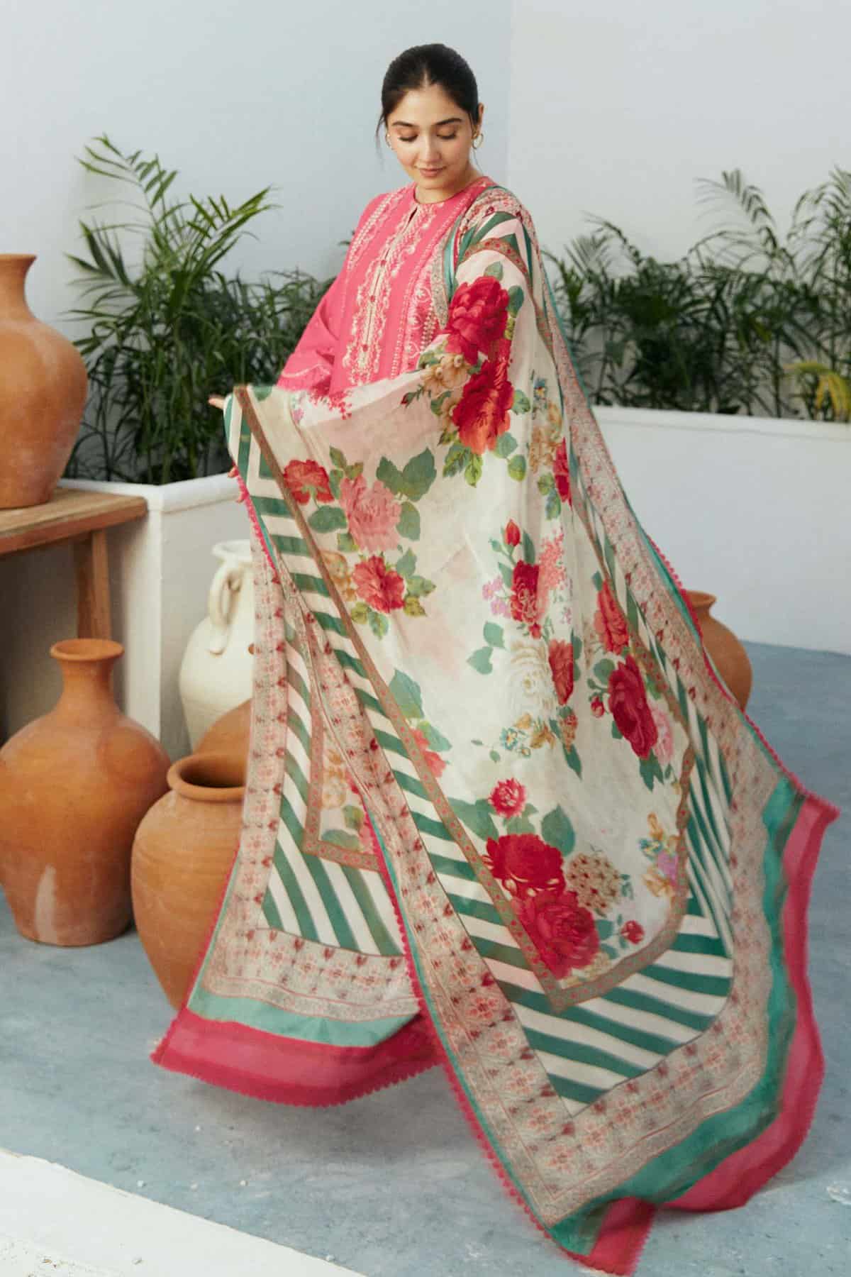 Zara shahjahan on emb Lawn with diamond printed Dopatta