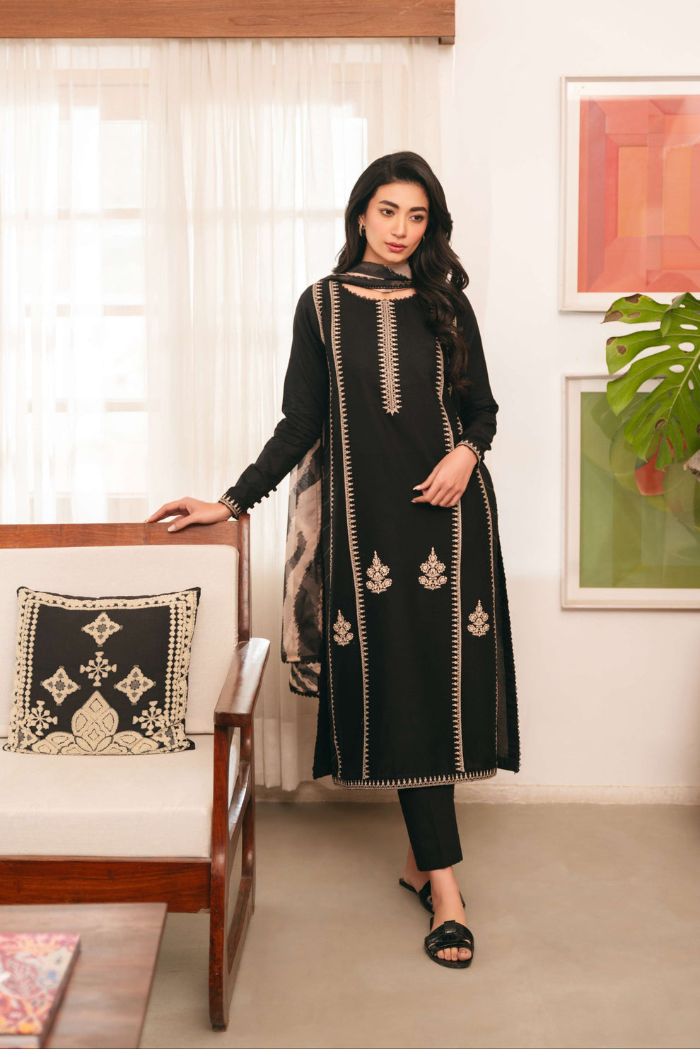 Mahamira on emb Lawn with Diamond printed Dopatta