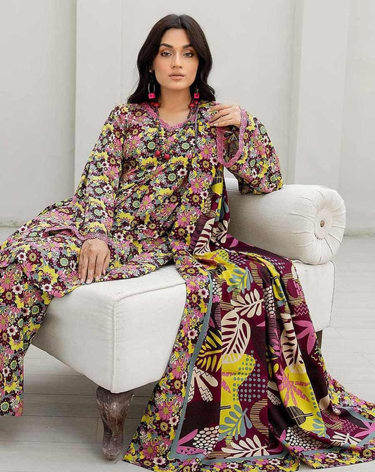 3 Pcs Women Unstitched Slub Linen Printed Suit - Rania