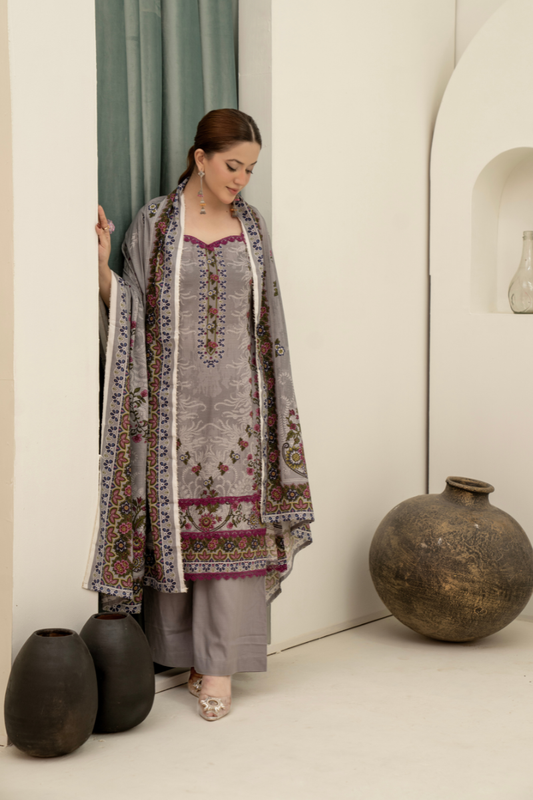 3 Pieces - Marooj Unstitched Grey BanaDora Linen Suit