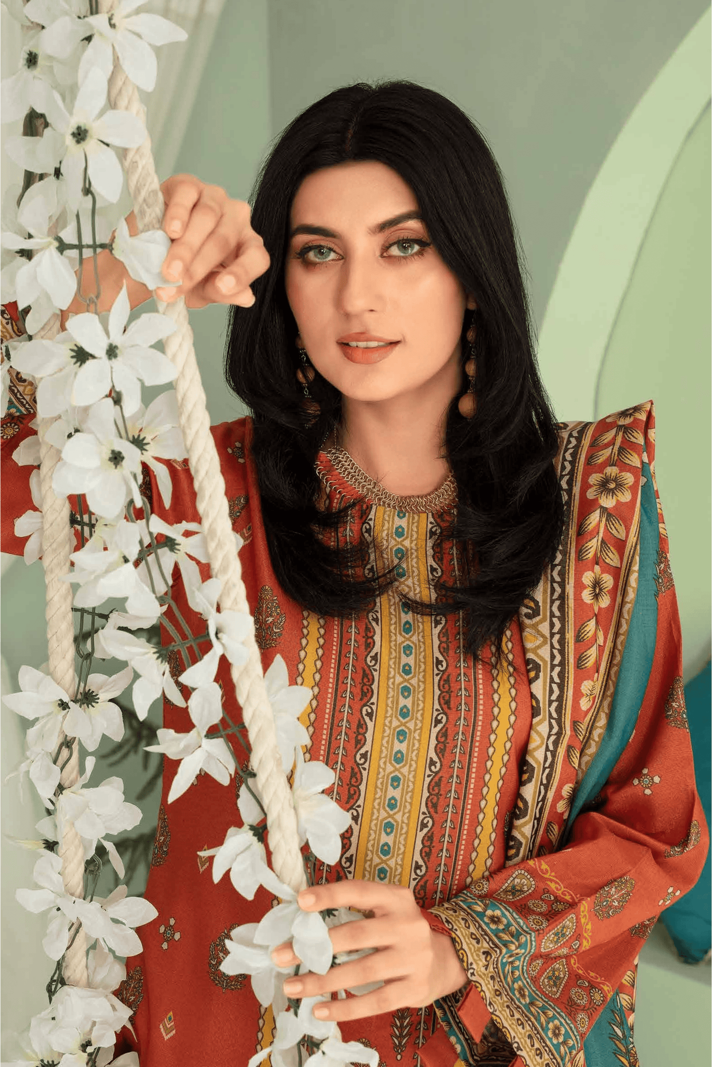 3 Pieces - Aizal Unstitched Orange Printed Shamray Linen Suit