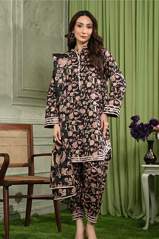 3 Pieces - Regalia Unstitched Black Printed Linen Suit