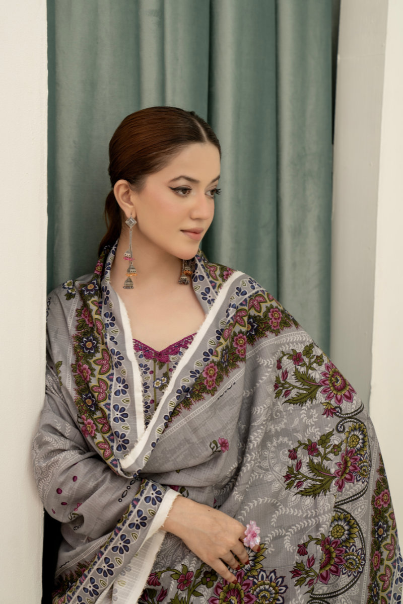 3 Pieces - Marooj Unstitched Grey BanaDora Linen Suit