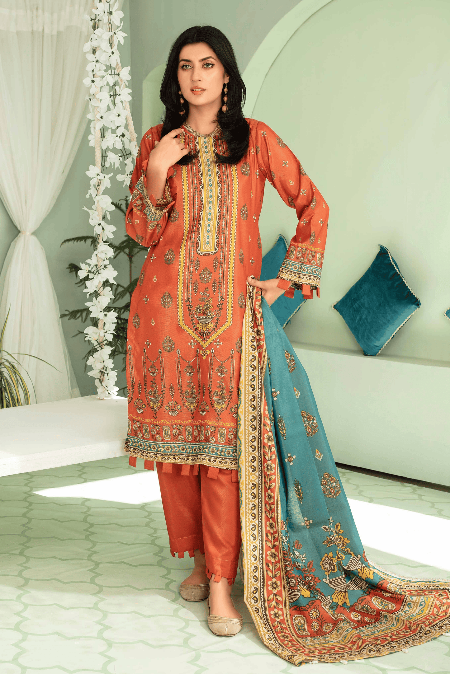 3 Pieces - Aizal Unstitched Orange Printed Shamray Linen Suit