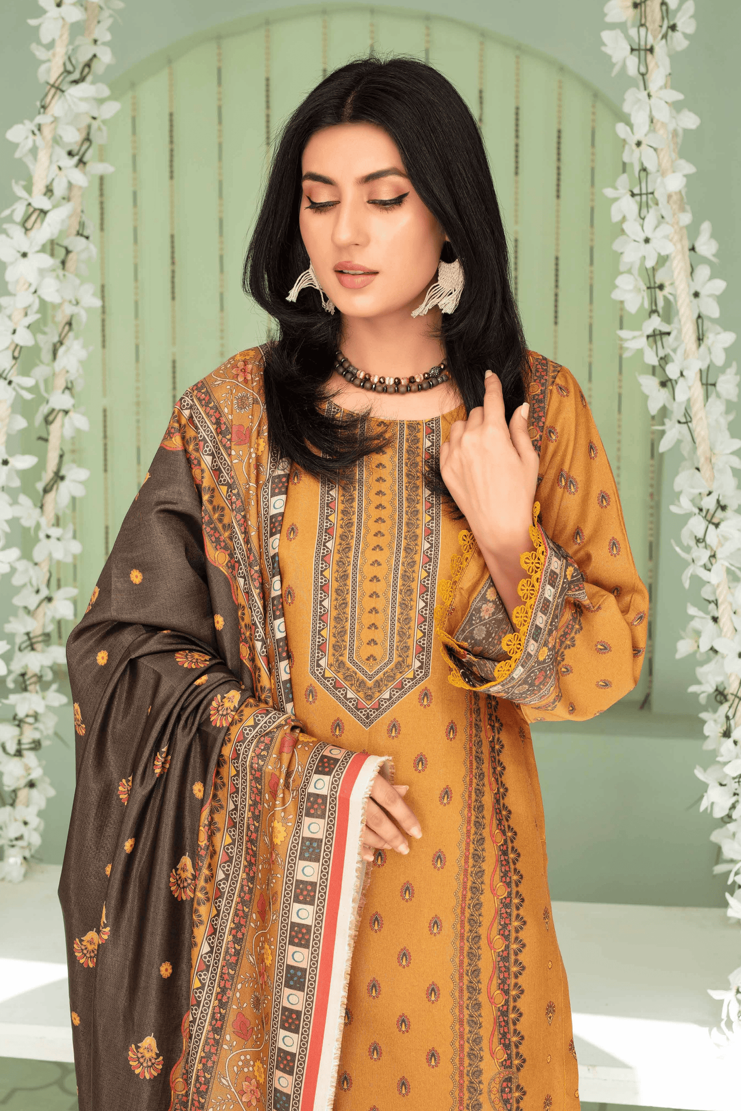 3 Pieces - Aizal Unstitched Mustard Printed Shamray Linen Suit