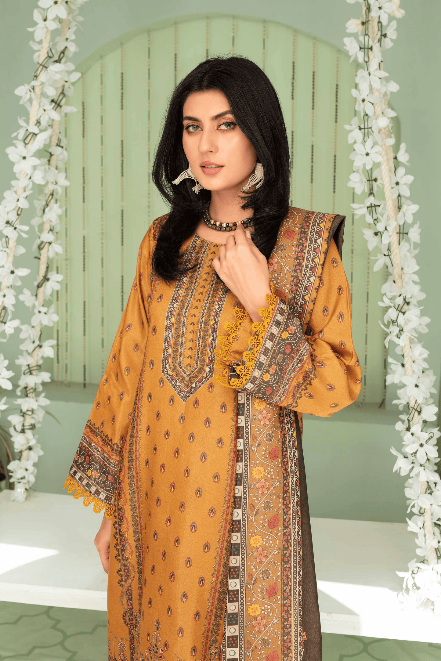 3 Pieces - Aizal Unstitched Mustard Printed Shamray Linen Suit