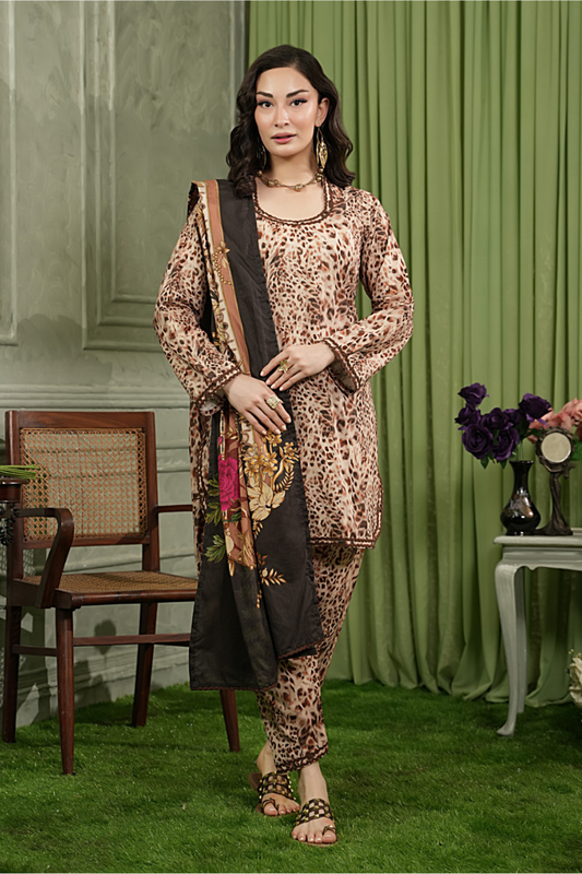 3 Pieces - Regalia Unstitched Tiger Printed Linen Suit