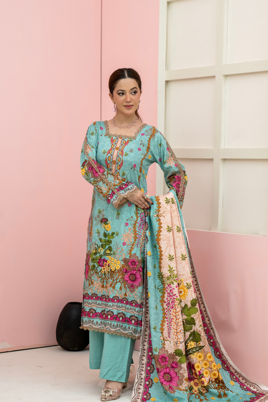 3 Pieces - Marooj Unstitched Sky Blue BanaDora Linen Suit