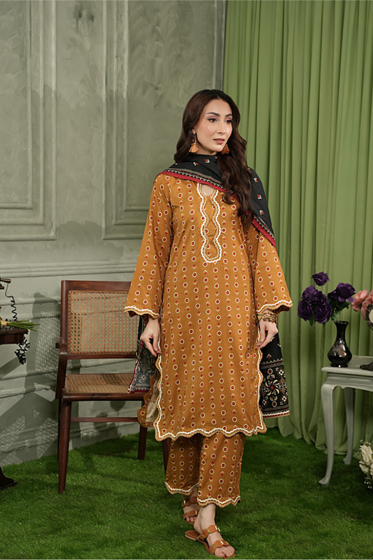 3 Pieces - Regalia Unstitched Mustard Printed Linen Suit