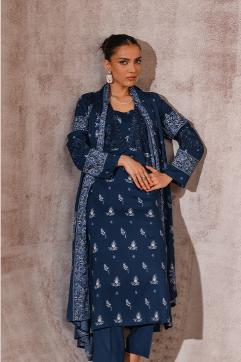 3 Pieces - Nishat Unstitched Navy Blue Printed Linen Suit