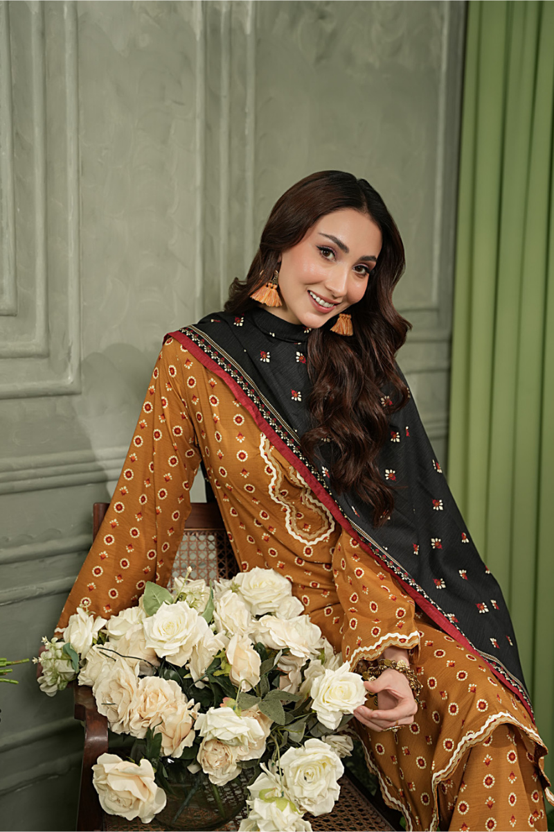 3 Pieces - Regalia Unstitched Mustard Printed Linen Suit