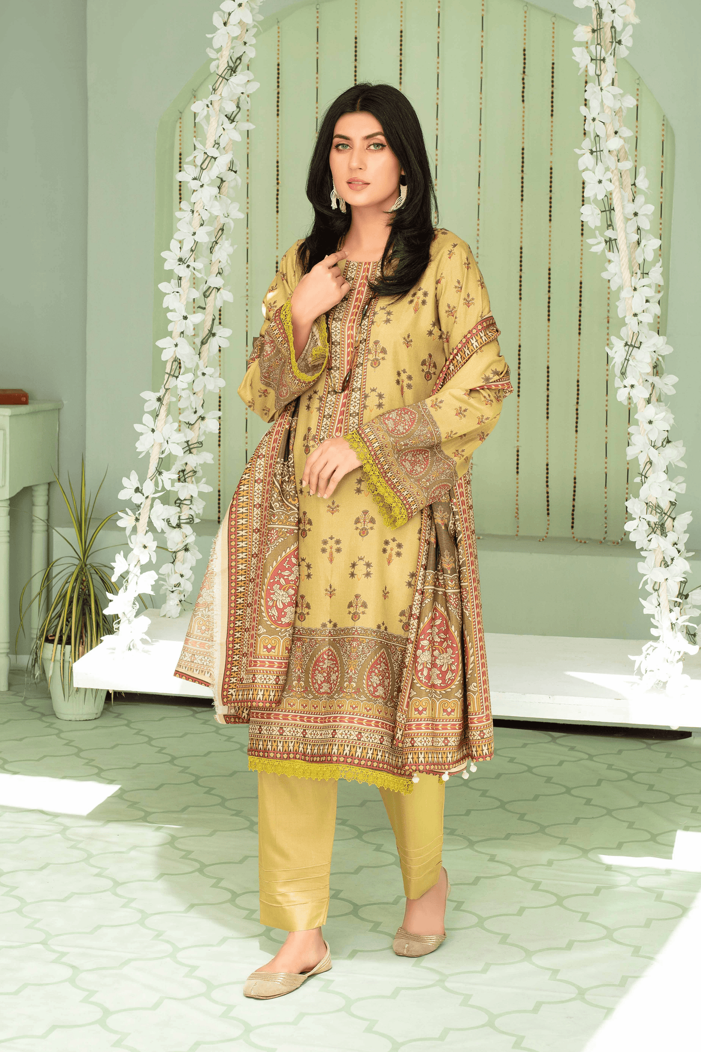 3 Pieces - Aizal Unstitched Brass Printed Shamray Linen Suit