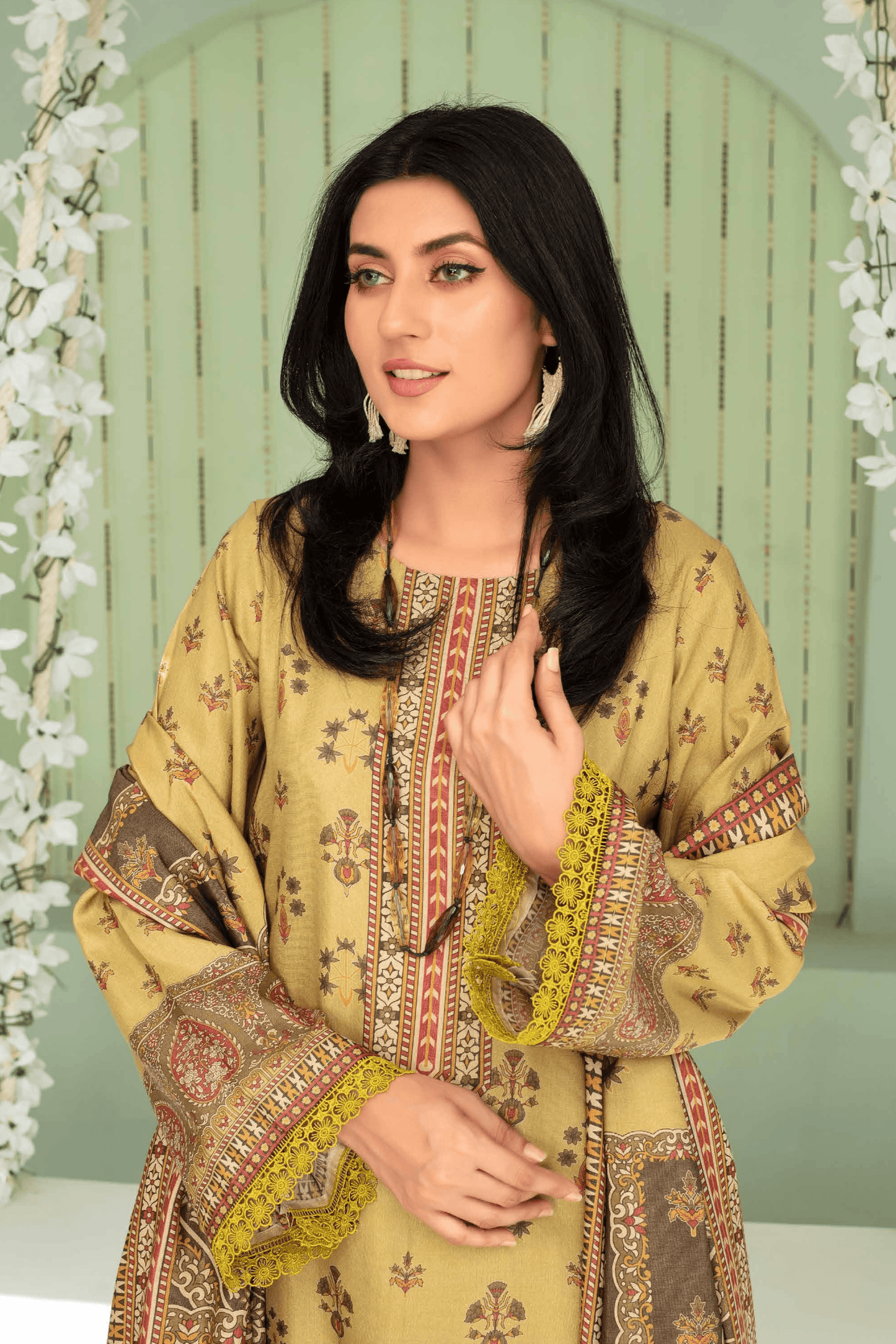 3 Pieces - Aizal Unstitched Brass Printed Shamray Linen Suit