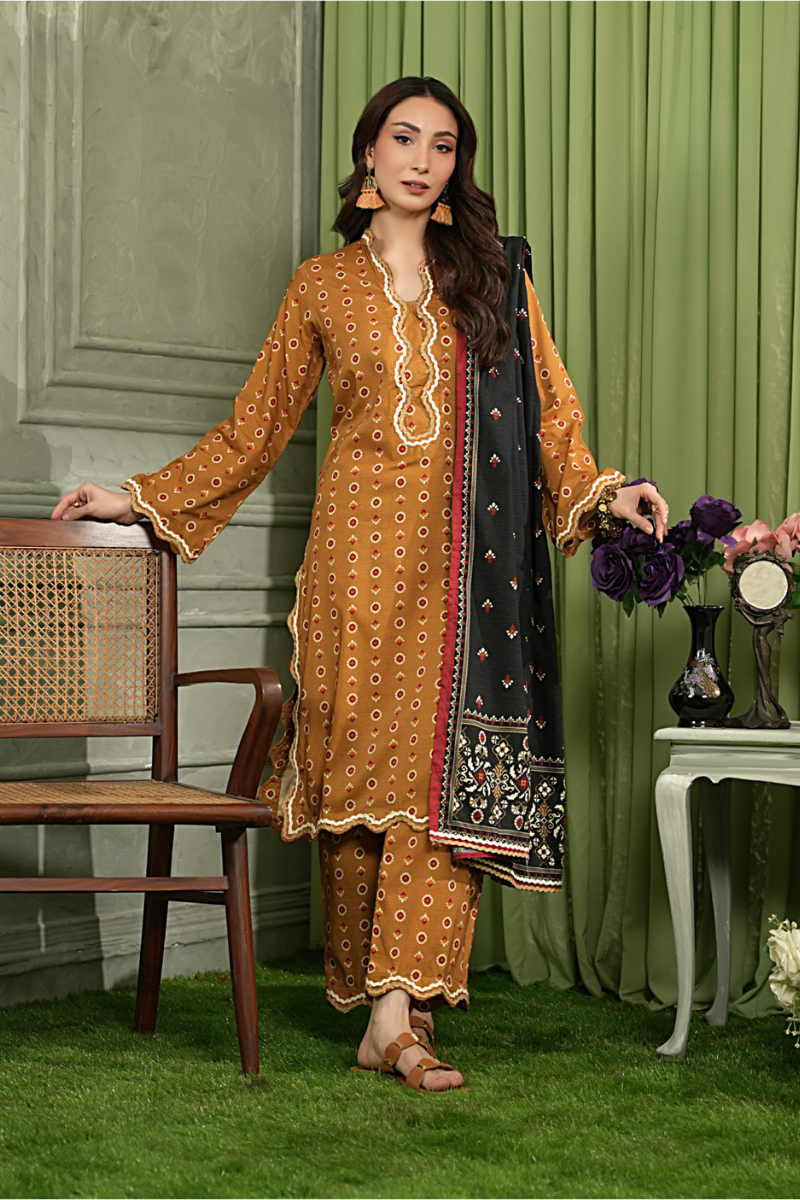 3 Pieces - Regalia Unstitched Mustard Printed Linen Suit