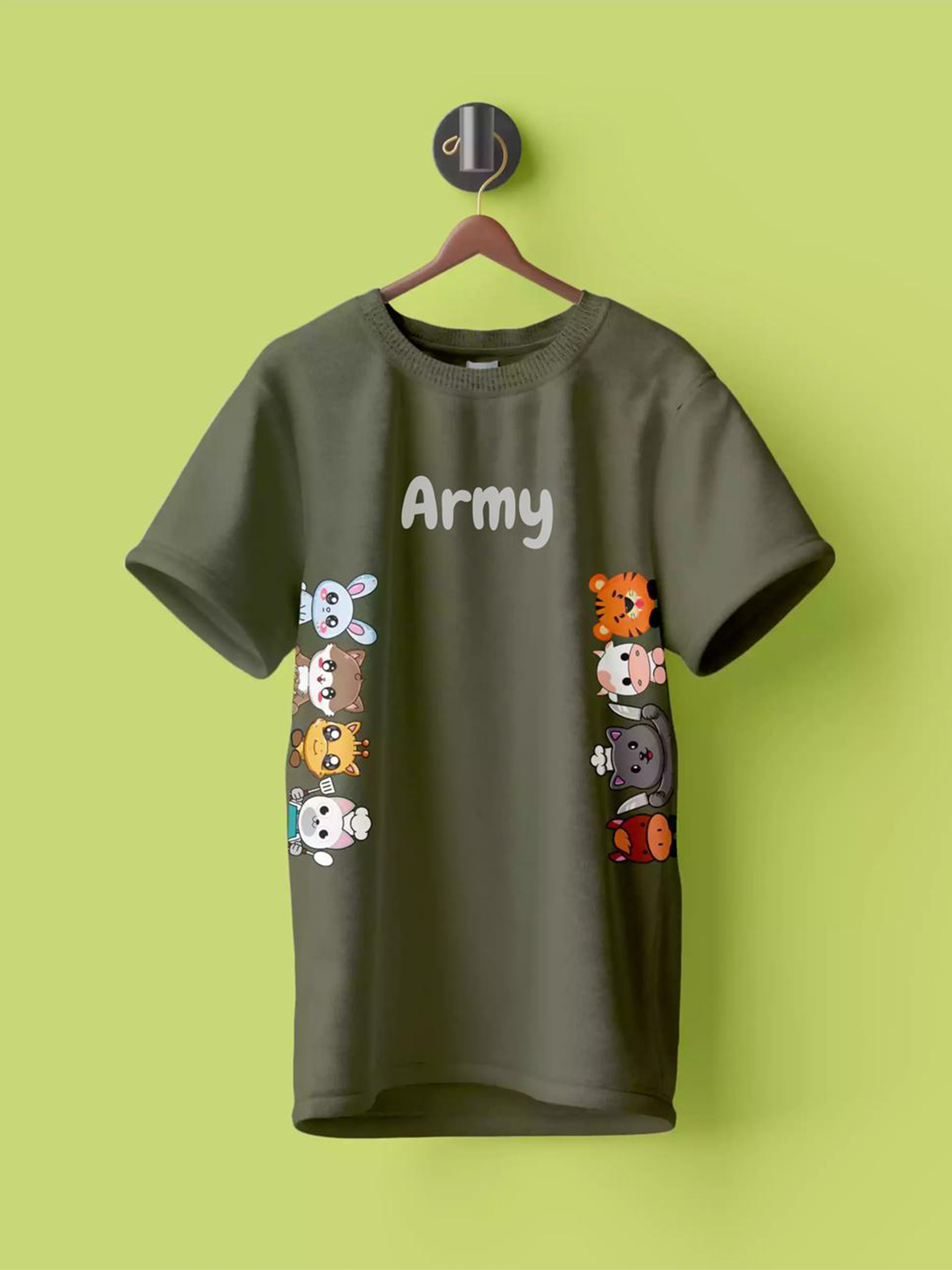 Men Army Green Cute Animal Tee Shirt