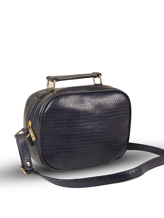Women Navy Croc-Embossed Round Top Handle Bag
