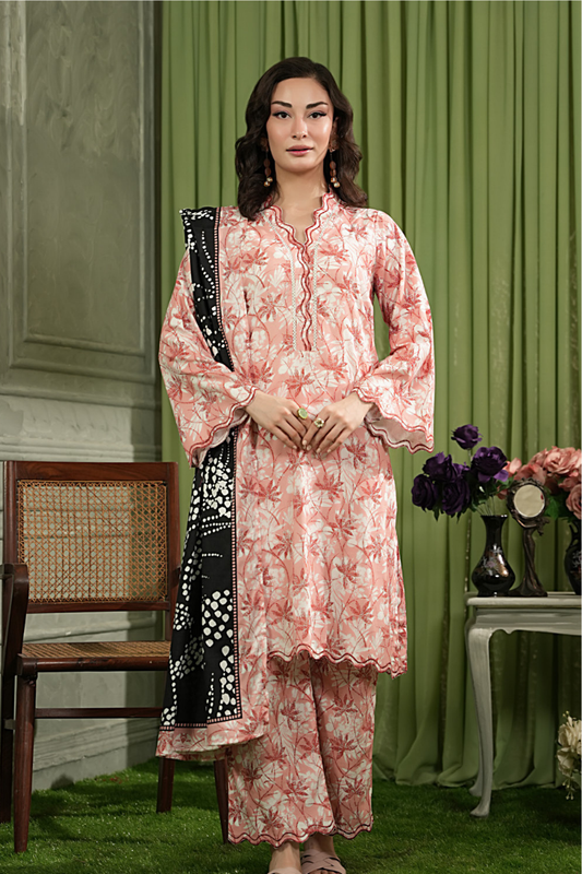 3 Pieces - Regalia Unstitched Baby Pink Printed Linen Suit