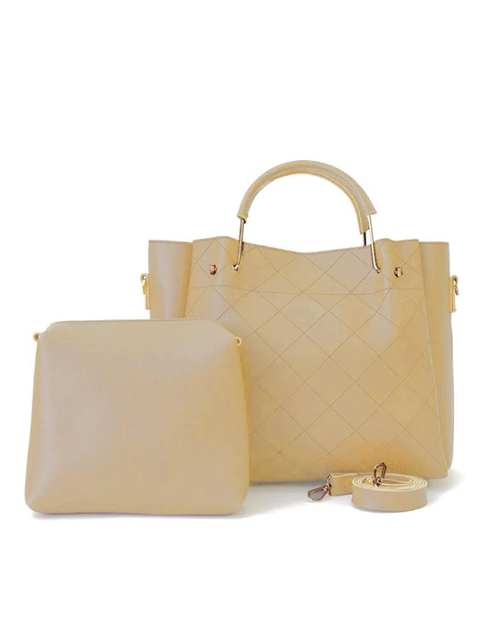 Women Quilted Beige Handbag Set