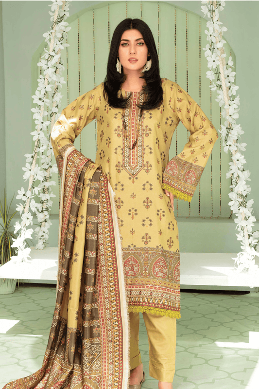 3 Pieces - Aizal Unstitched Brass Printed Shamray Linen Suit
