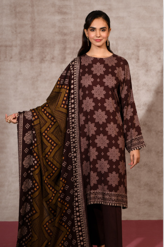 3 Pieces - Nishat Unstitched Maroon Printed Linen Suit