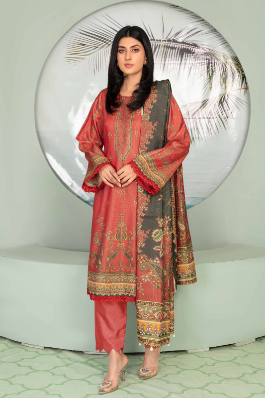 3 Pieces - Aizal Unstitched Red Printed Shamray Linen Suit
