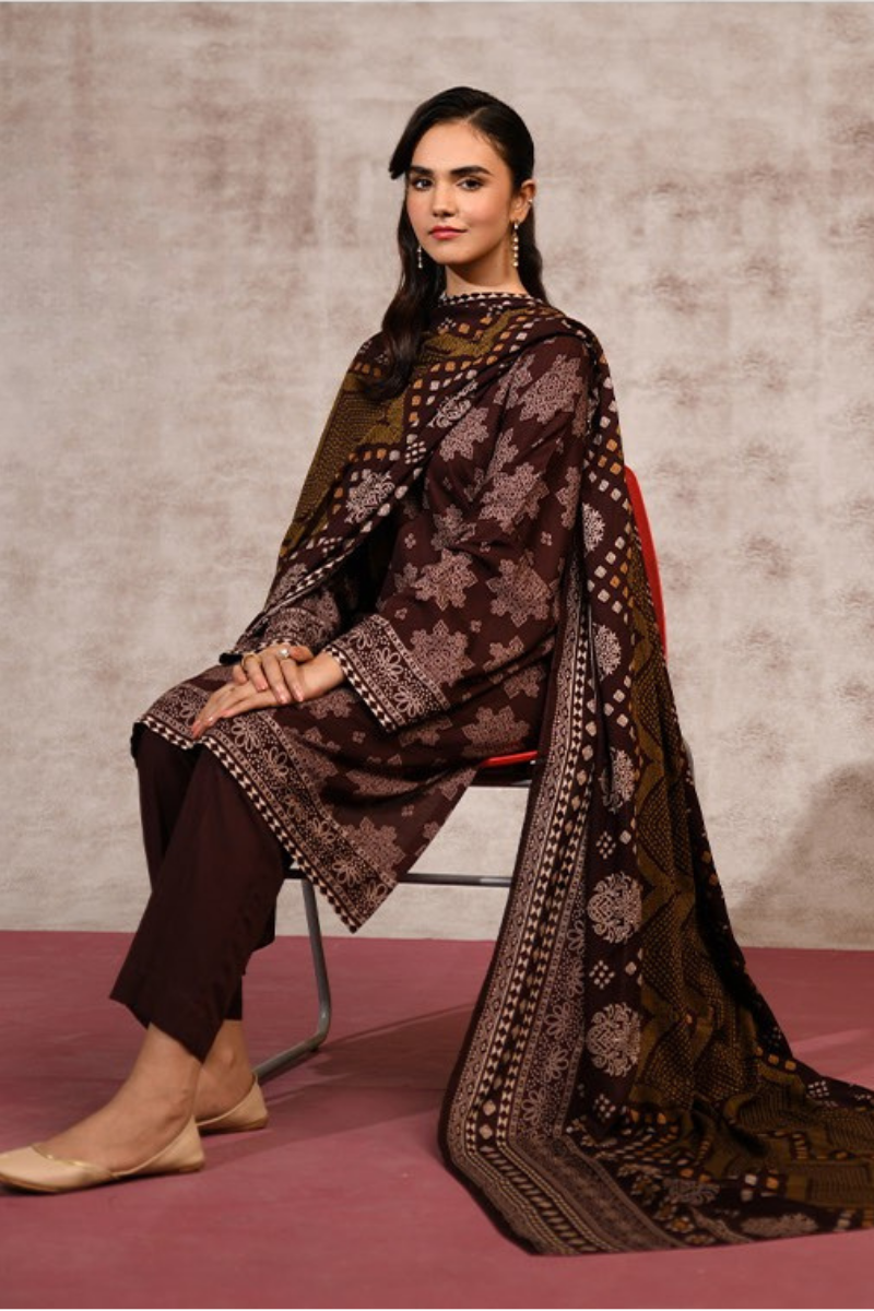 3 Pieces - Nishat Unstitched Maroon Printed Linen Suit