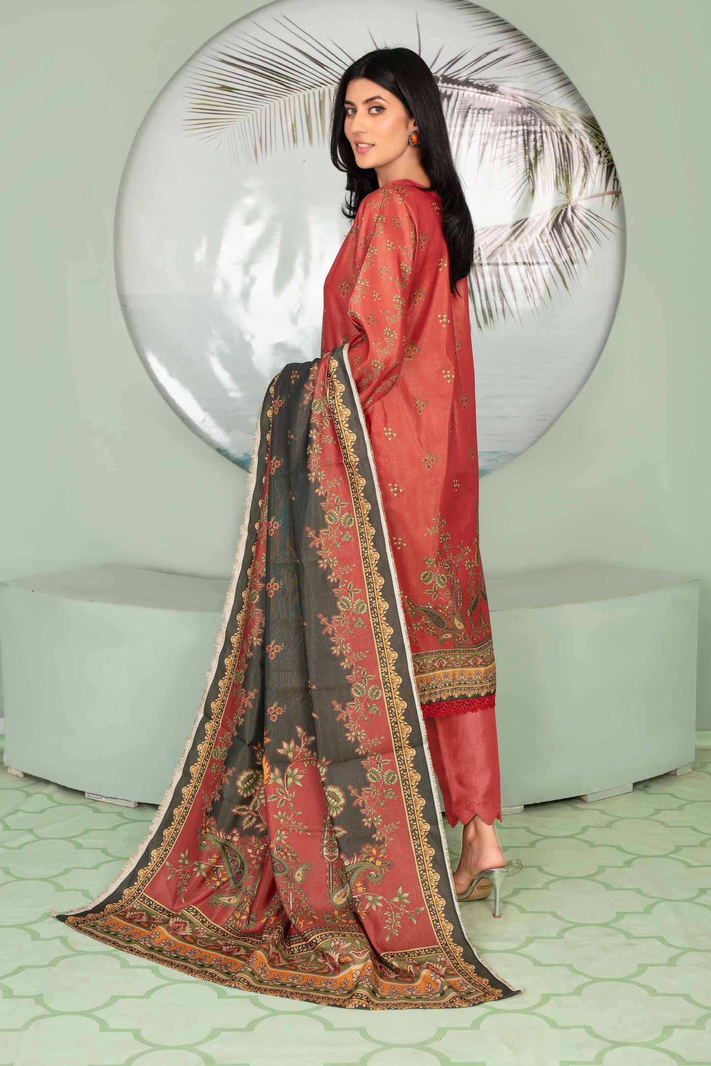 3 Pieces - Aizal Unstitched Red Printed Shamray Linen Suit