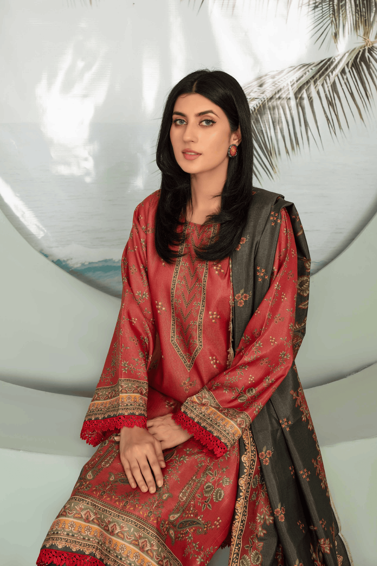 3 Pieces - Aizal Unstitched Red Printed Shamray Linen Suit