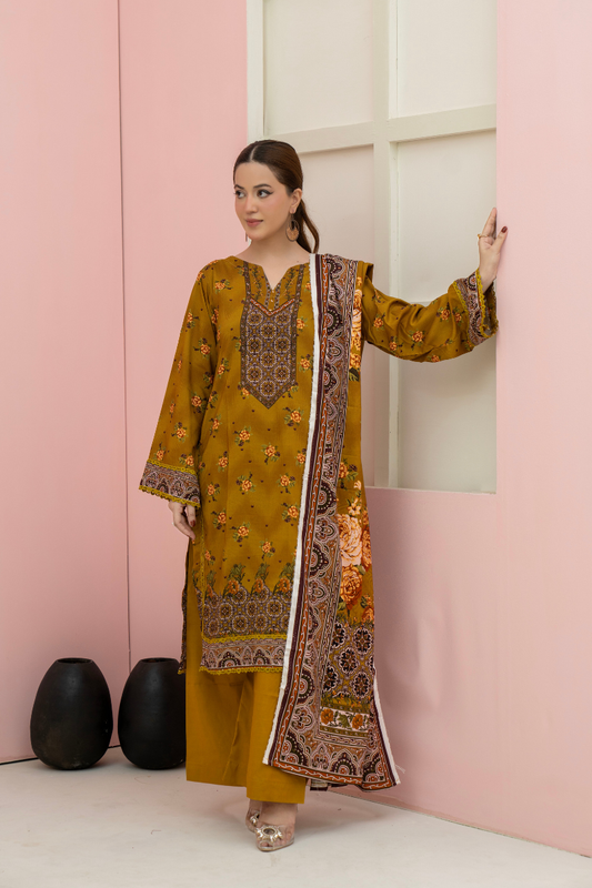 3 Pieces - Marooj Unstitched Mustard BanaDora Linen Suit