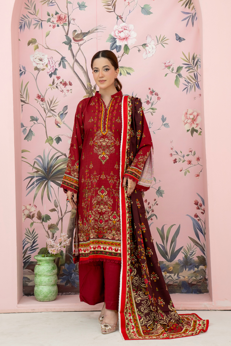 3 Pieces - Marooj Unstitched Maroon BanaDora Linen Suit