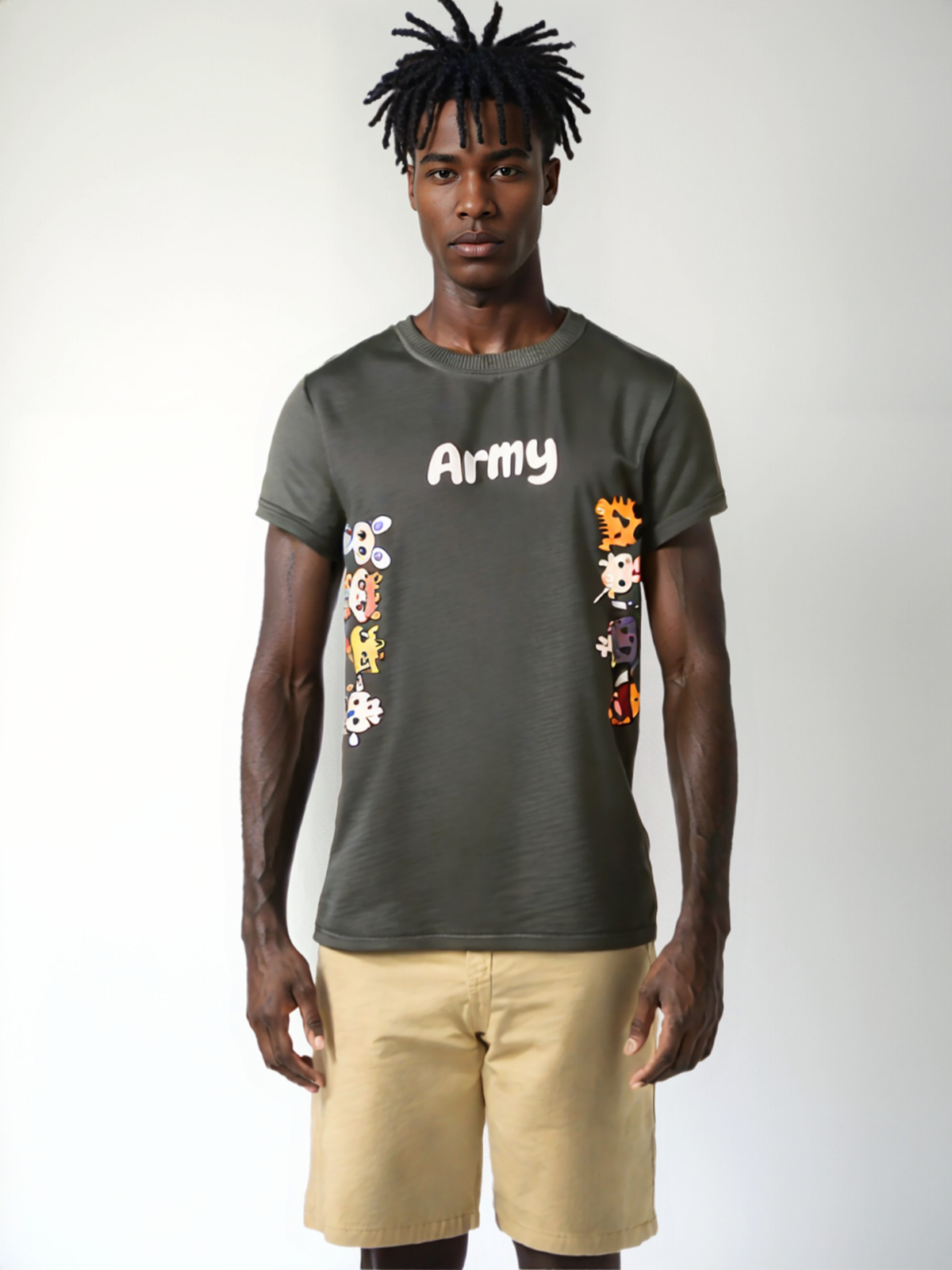 Men Army Green Cute Animal Tee Shirt
