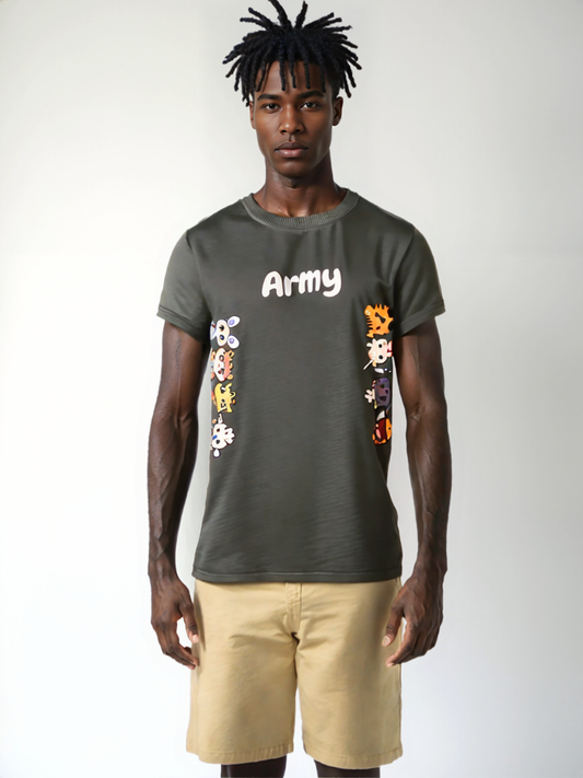 Men Army Green Cute Animal Tee Shirt
