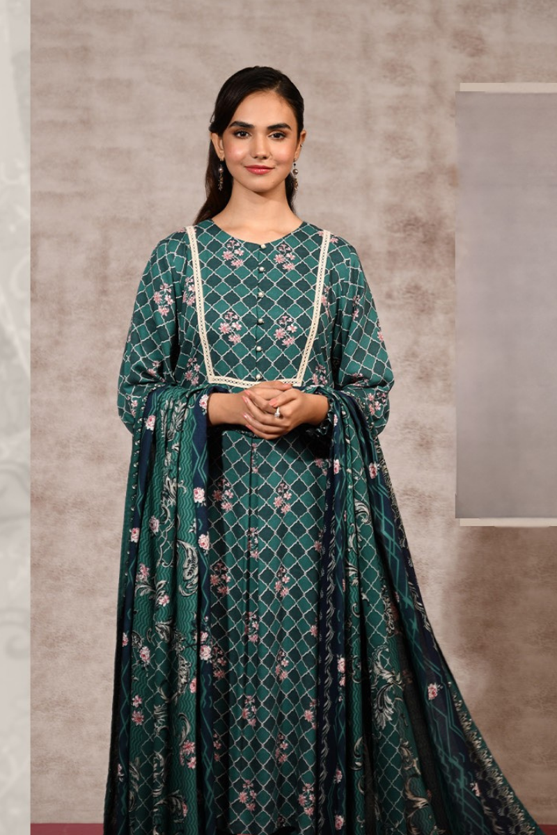 3 Pieces - Nishat Unstitched Green Printed Linen Suit