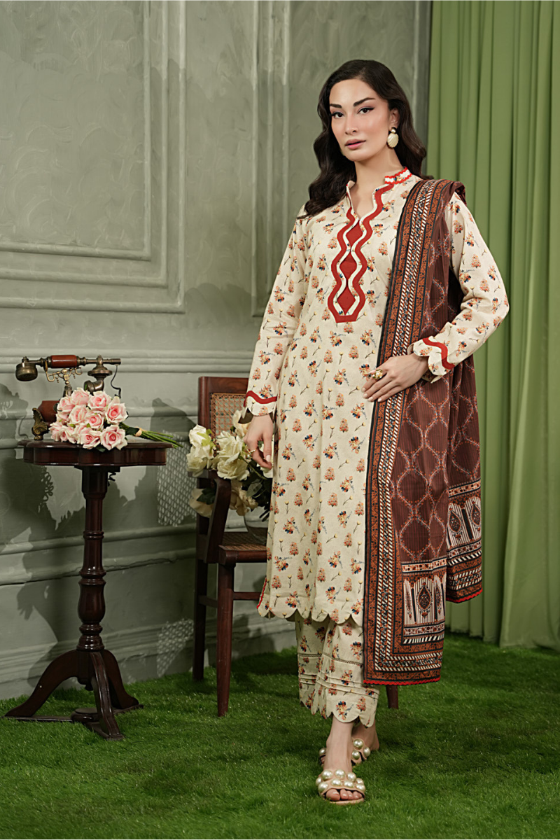 3 Pieces - Regalia Unstitched Off White Printed Linen Suit