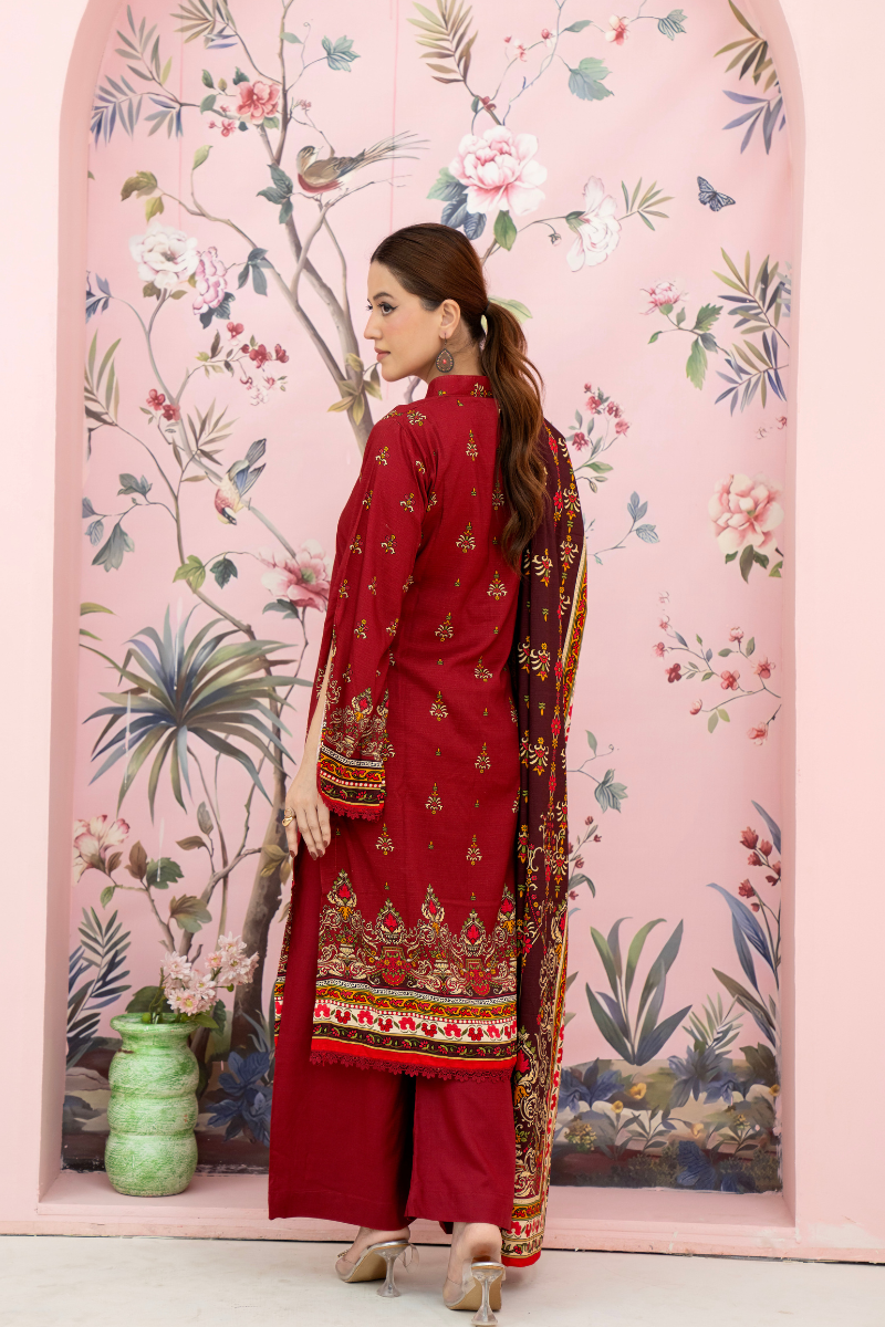 3 Pieces - Marooj Unstitched Maroon BanaDora Linen Suit