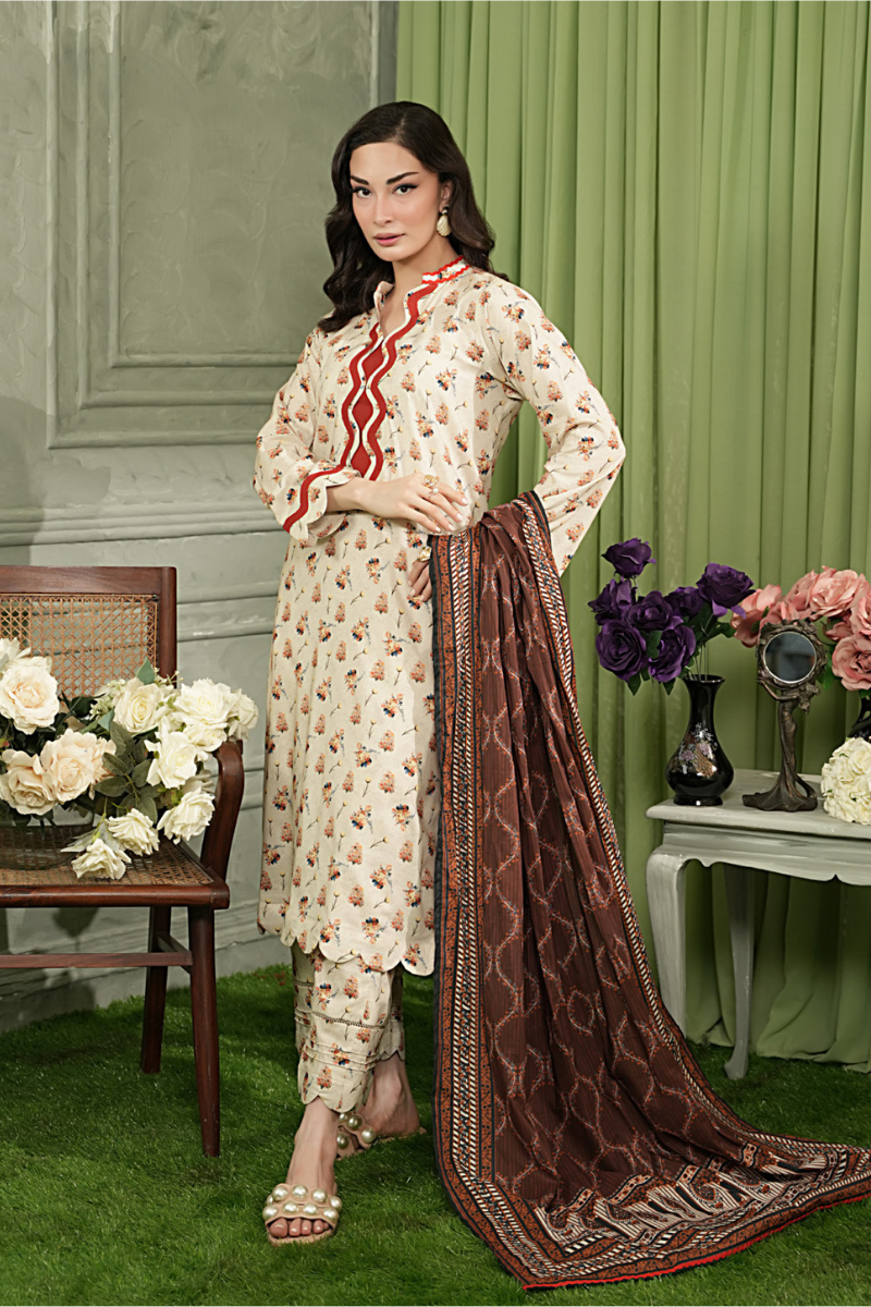 3 Pieces - Regalia Unstitched Off White Printed Linen Suit