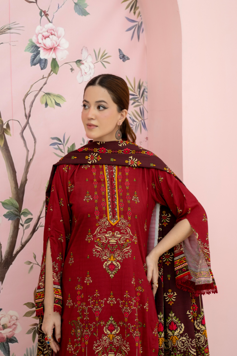 3 Pieces - Marooj Unstitched Maroon BanaDora Linen Suit