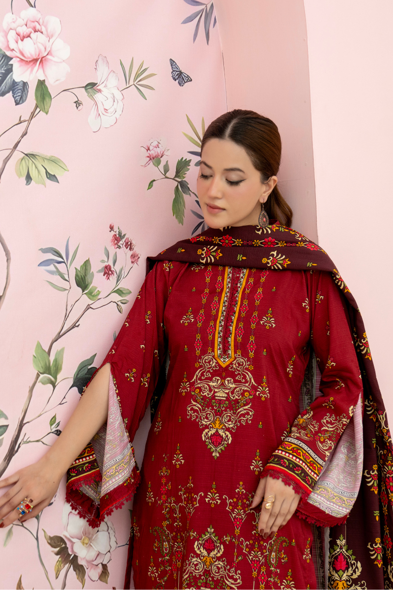 3 Pieces - Marooj Unstitched Maroon BanaDora Linen Suit