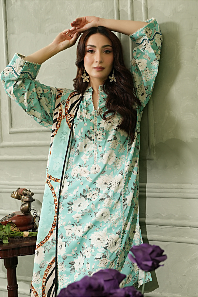 3 Pieces - Regalia Unstitched Sky Blue Printed Linen Suit
