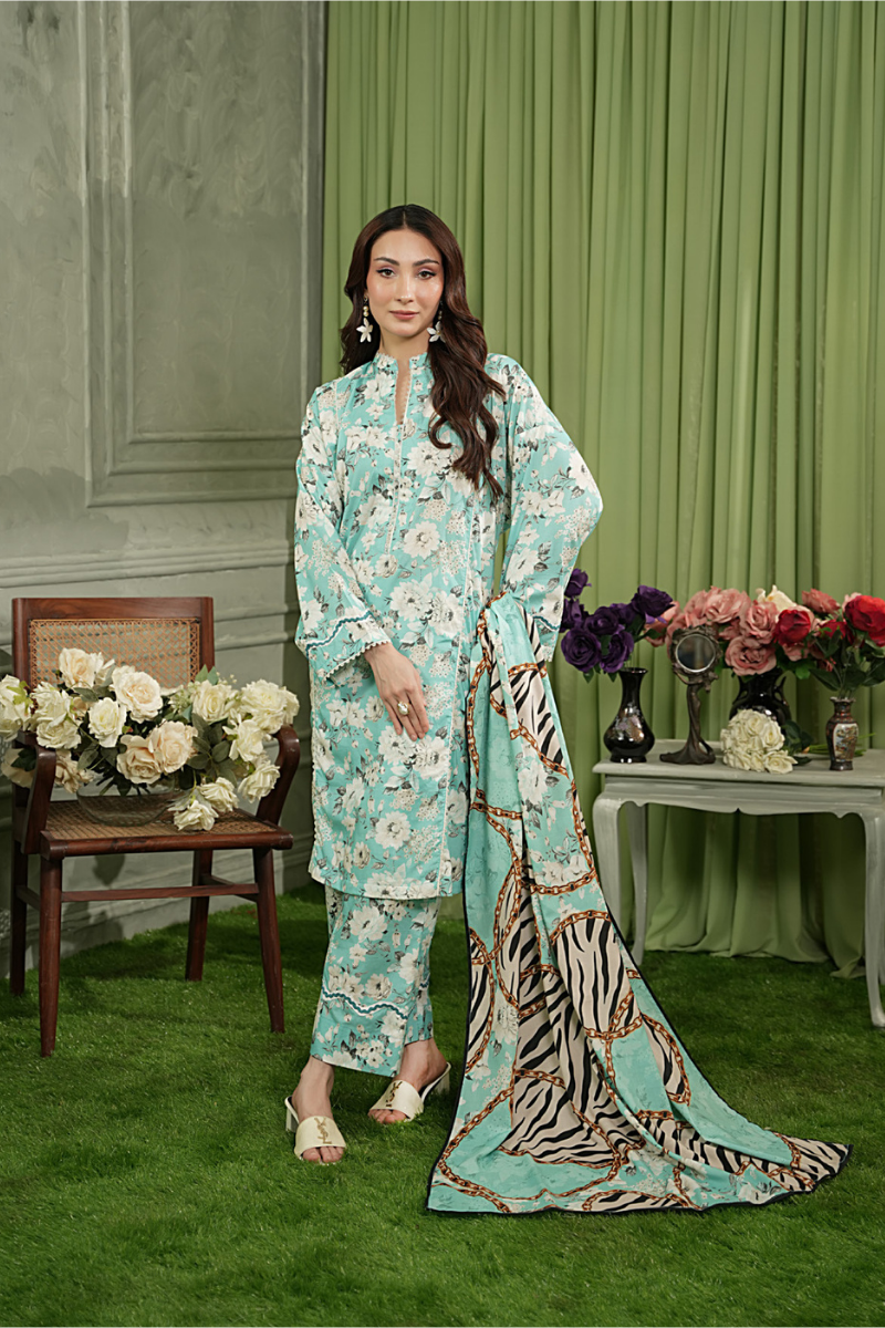 3 Pieces - Regalia Unstitched Sky Blue Printed Linen Suit
