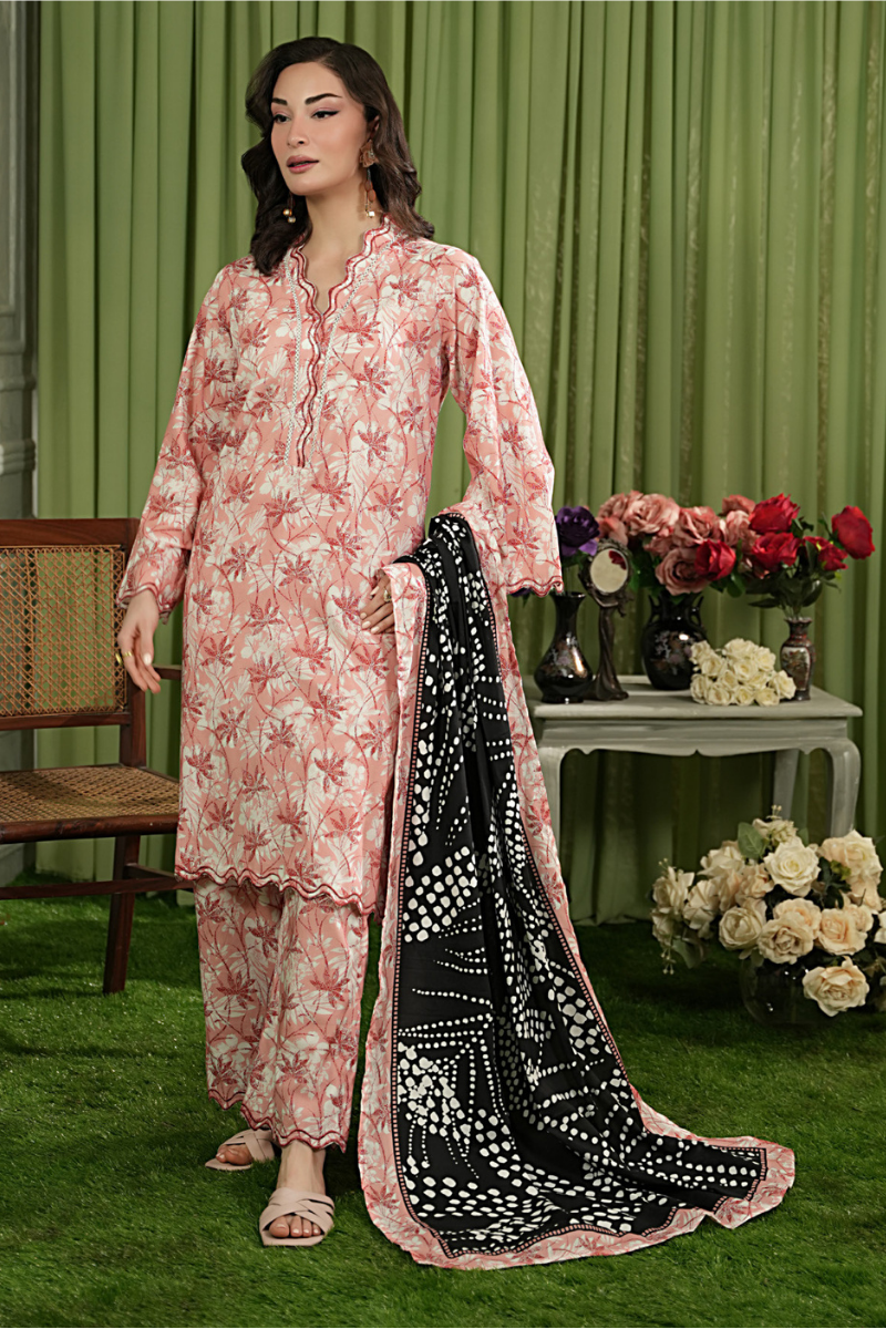 3 Pieces - Regalia Unstitched Baby Pink Printed Linen Suit