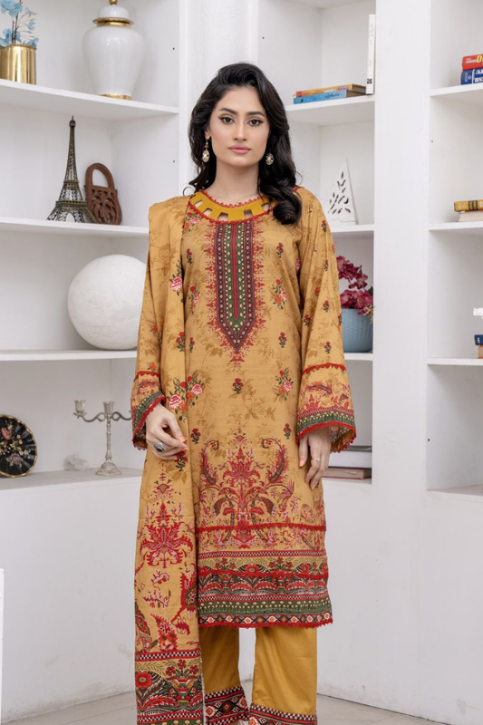 3 Piece - Marooj Unstitched Orange BanaDora Linen Suit