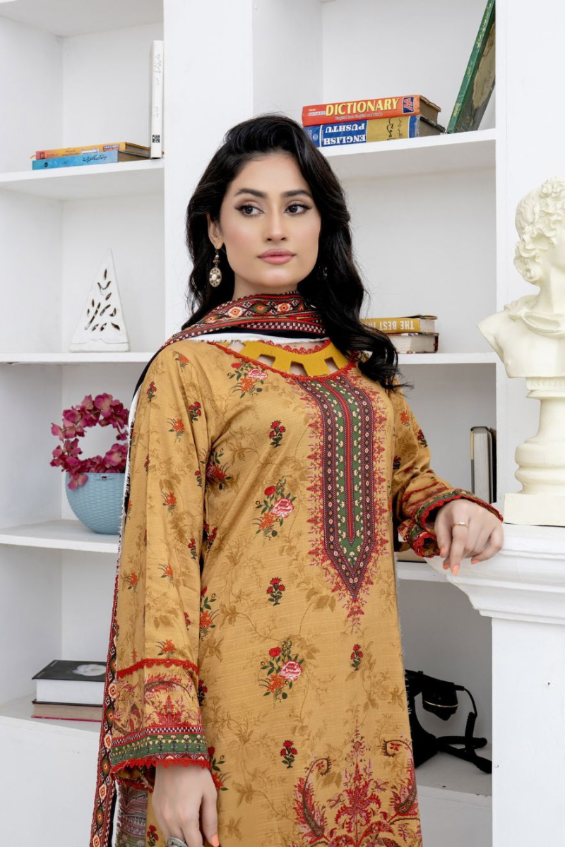 3 Piece - Marooj Unstitched Orange BanaDora Linen Suit