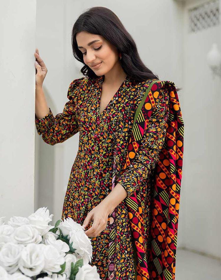 3pcs Women Unstitched Slub Linen Printed Suit - Rania